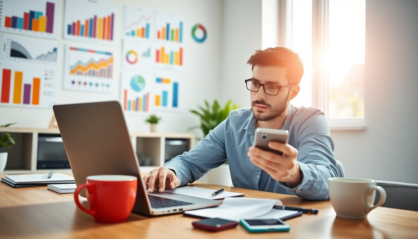 Engaged user reviewing surveys at https://enqueteplein.nl with charts and tools in a bright home office.