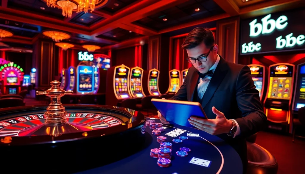 Experience the excitement of bk8 with a vibrant casino scene featuring poker chips and a roulette wheel.