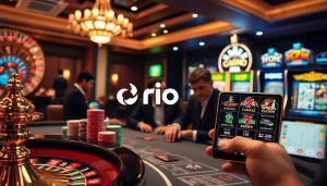Engage with the rio App's digital interface in a luxurious casino setting featuring poker chips and roulette.