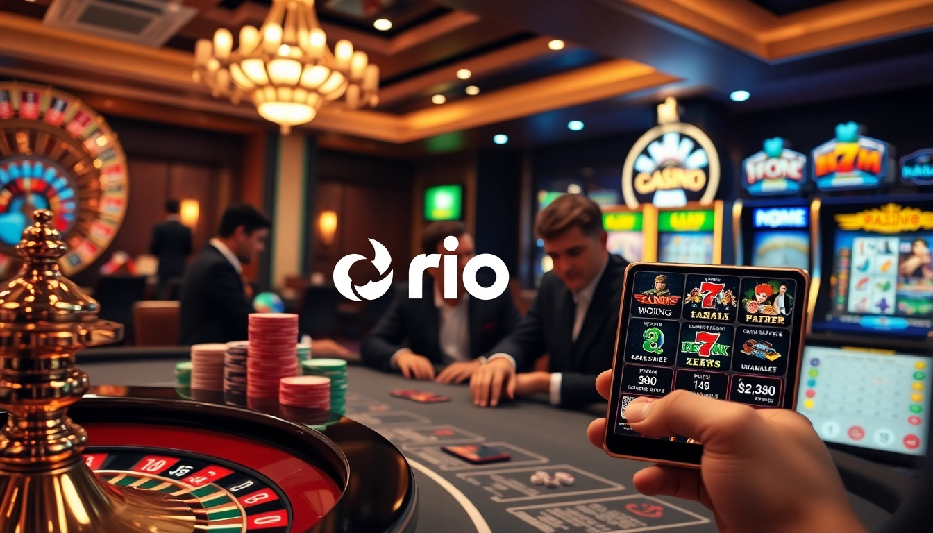 Engage with the rio App's digital interface in a luxurious casino setting featuring poker chips and roulette.