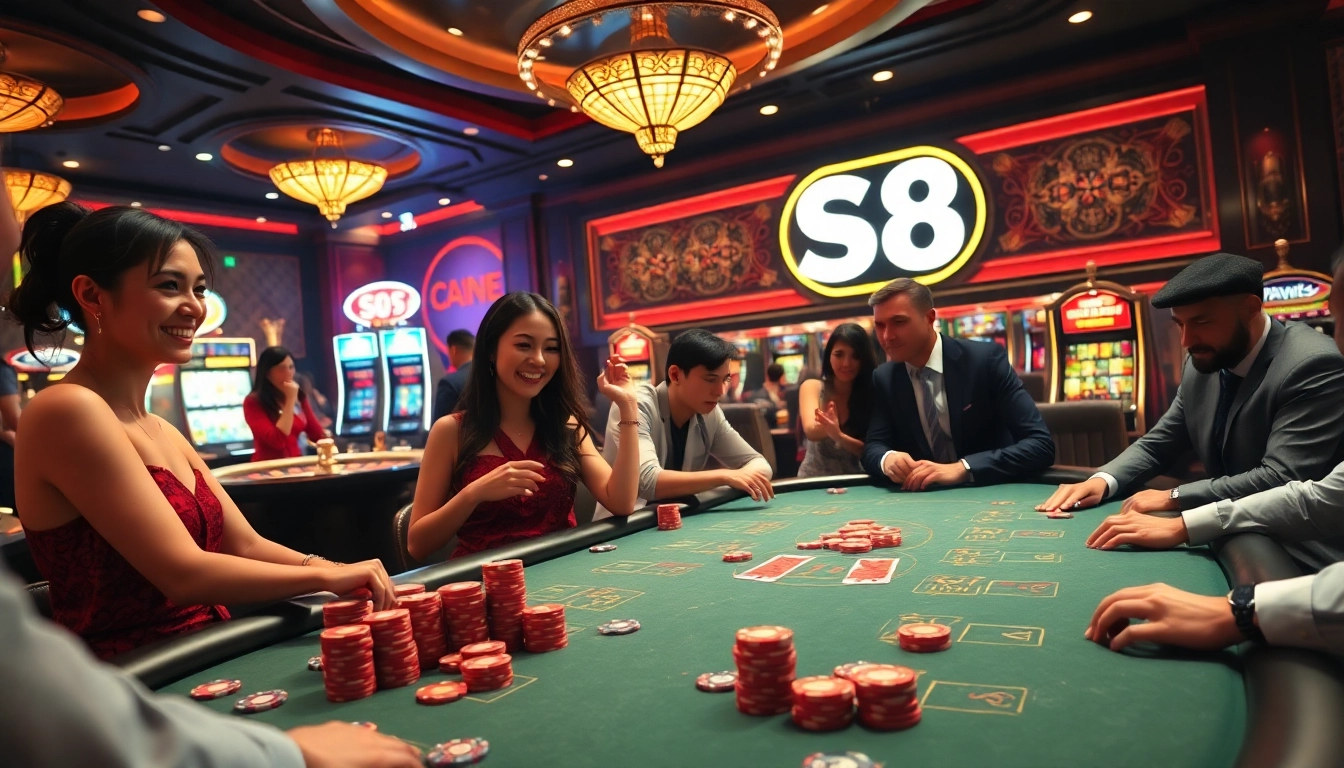 Excited players at a casino table place bets on S8 branded games, showcasing thrilling moments and high stakes.
