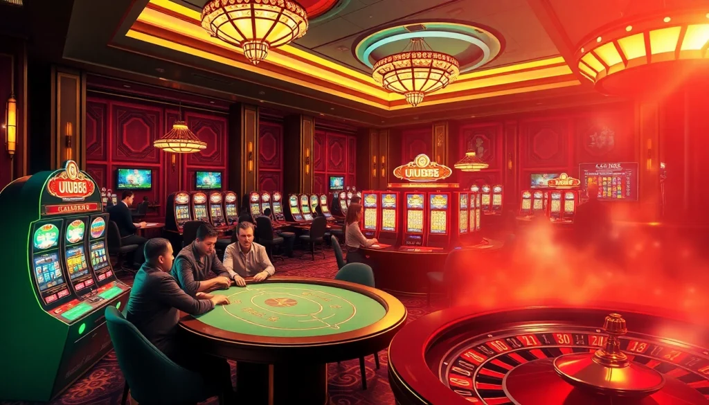 Exciting players at a UU88 casino table engrossed in the thrill of poker and slot machines.