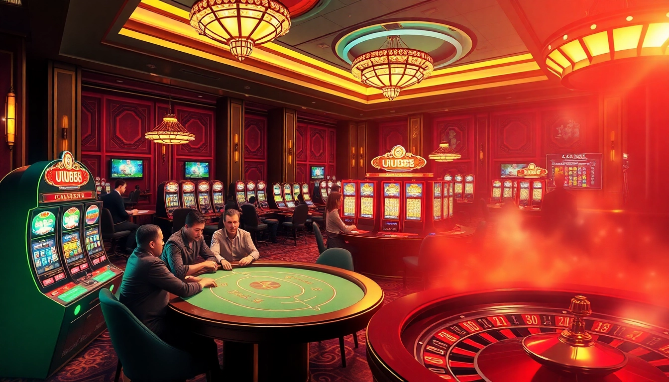 Exciting players at a UU88 casino table engrossed in the thrill of poker and slot machines.