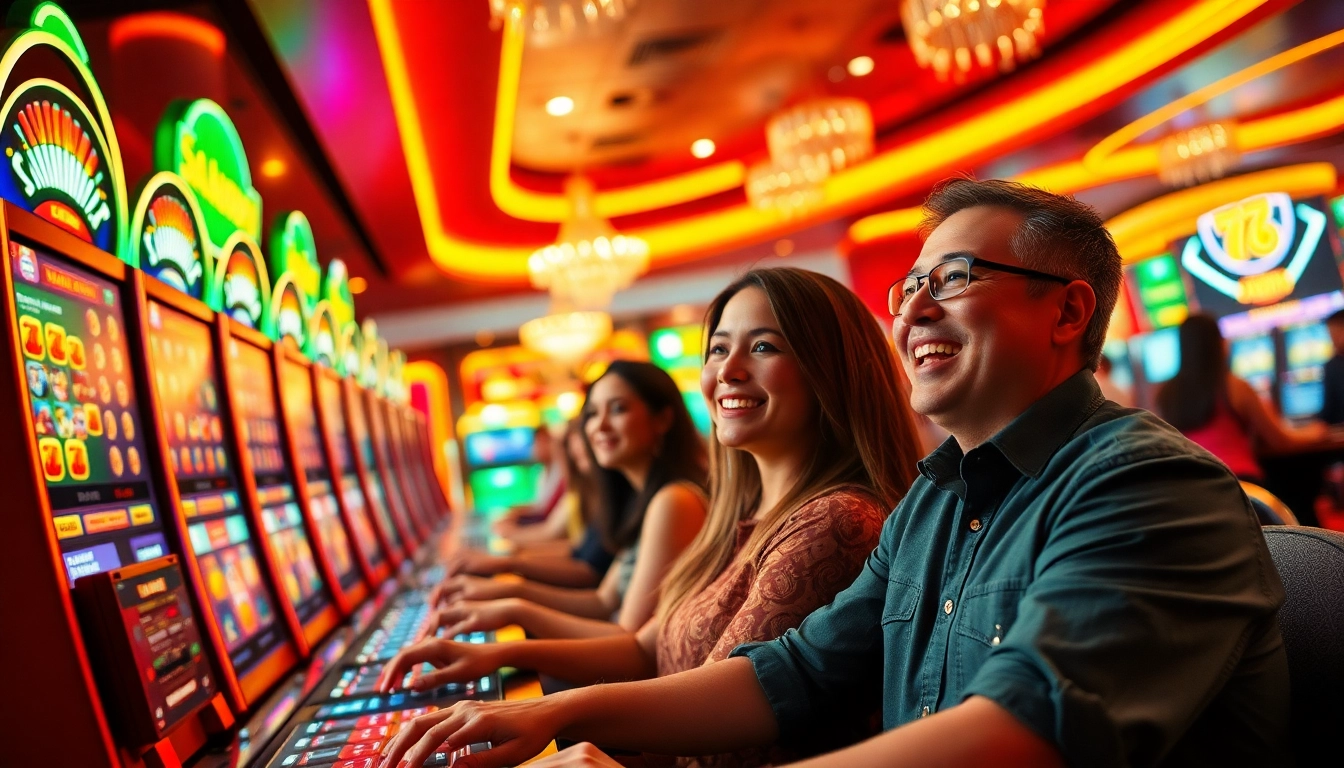 Exciting online gaming experience at 78WIN, featuring vibrant slot machines and live dealer tables.
