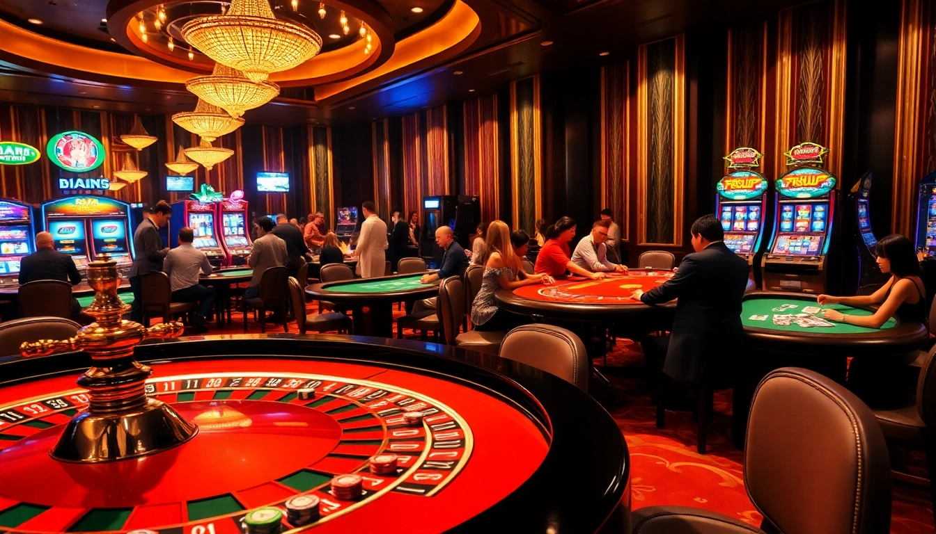 Experience the excitement of Trang chủ MM88 with players enjoying vibrant roulette and poker games in a luxurious casino.