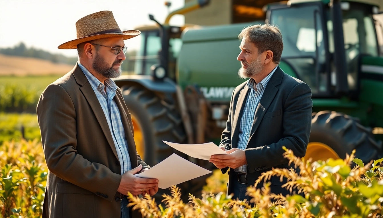 Engaging discussion on agriculture law between a farmer and a lawyer in a rural setting.