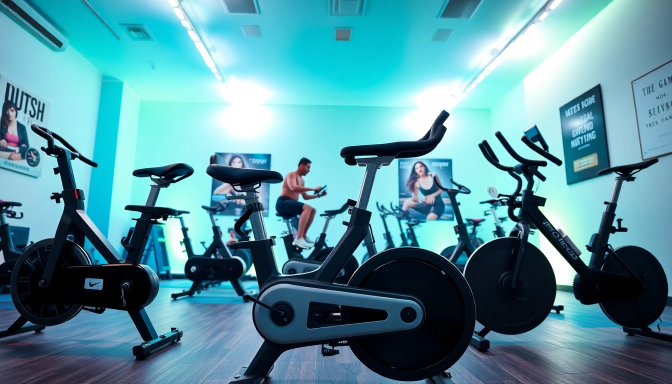 Exercise bike manufacturer display showcasing advanced fitness bikes in a modern studio.