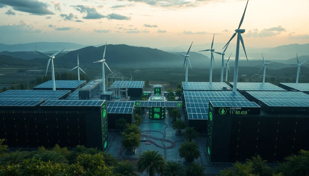 Futuristic cloud crypto mining facility powered by renewable energy sources, showcasing advanced technology and sustainable practices.