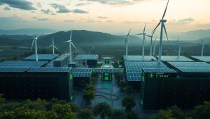 Futuristic cloud crypto mining facility powered by renewable energy sources, showcasing advanced technology and sustainable practices.