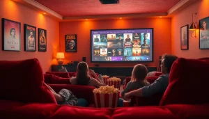 Enjoying filme online in a cozy home theater with family, showcasing warm lighting and cinematic atmosphere.