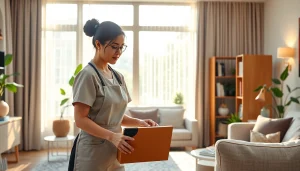 Indonesian maid providing home care services by organizing books in a cozy living room.