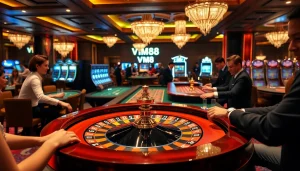 Experience the thrilling atmosphere of VM88 with players at a stylish roulette table under vibrant lights.