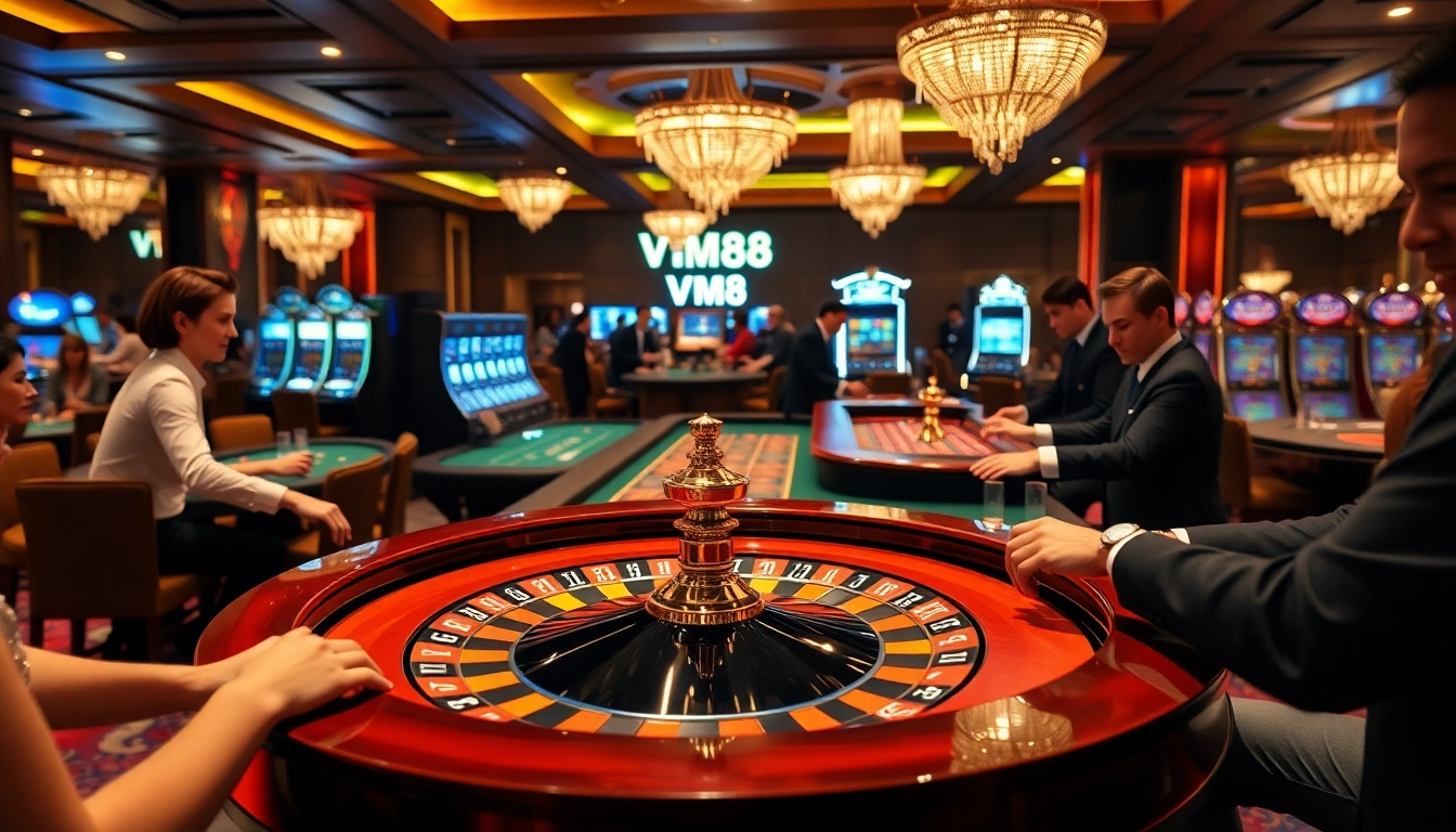 Experience the thrilling atmosphere of VM88 with players at a stylish roulette table under vibrant lights.