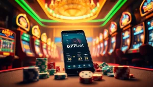 Engage with thrilling gameplay through the 67bet Download app on a smartphone amidst a vibrant casino setting.