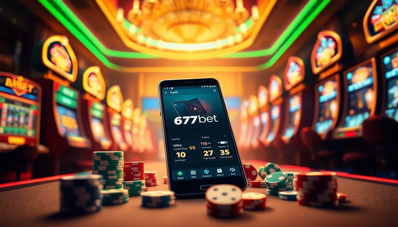 Engage with thrilling gameplay through the 67bet Download app on a smartphone amidst a vibrant casino setting.