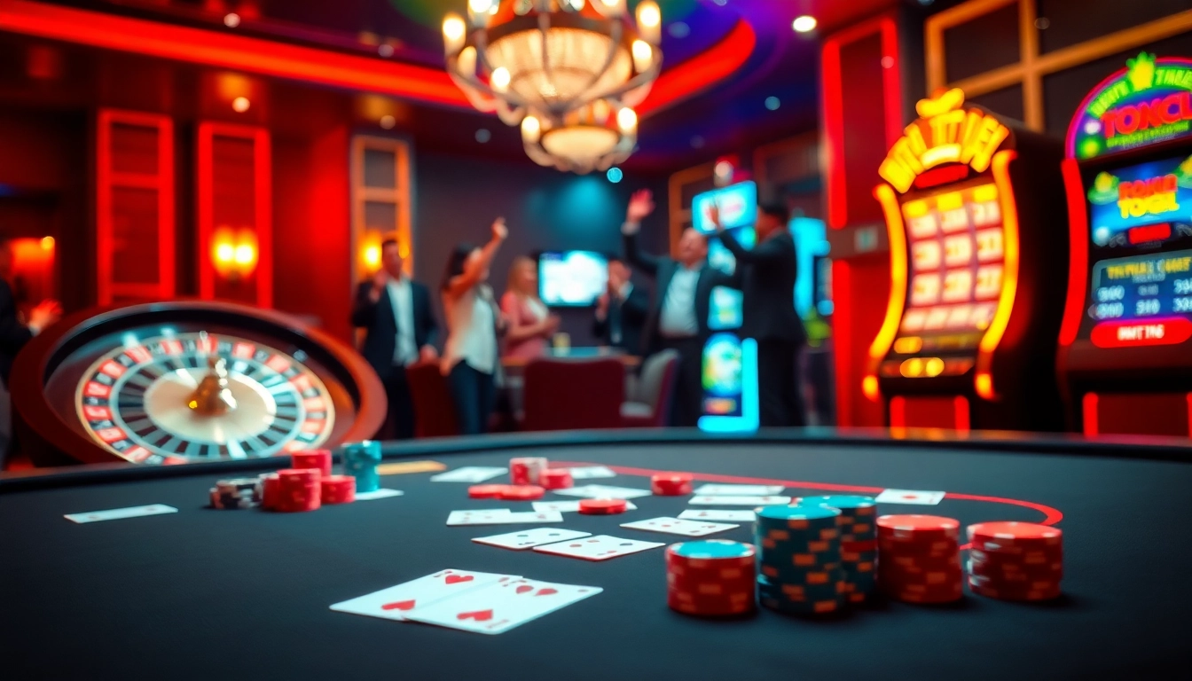 Engaging gamblers at a luxurious casino celebrating a win in toto togel alongside classic gaming elements.
