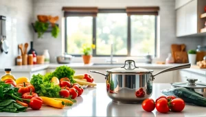 Showcasing high-quality cookware NZ in a modern kitchen setup with vibrant scenery.
