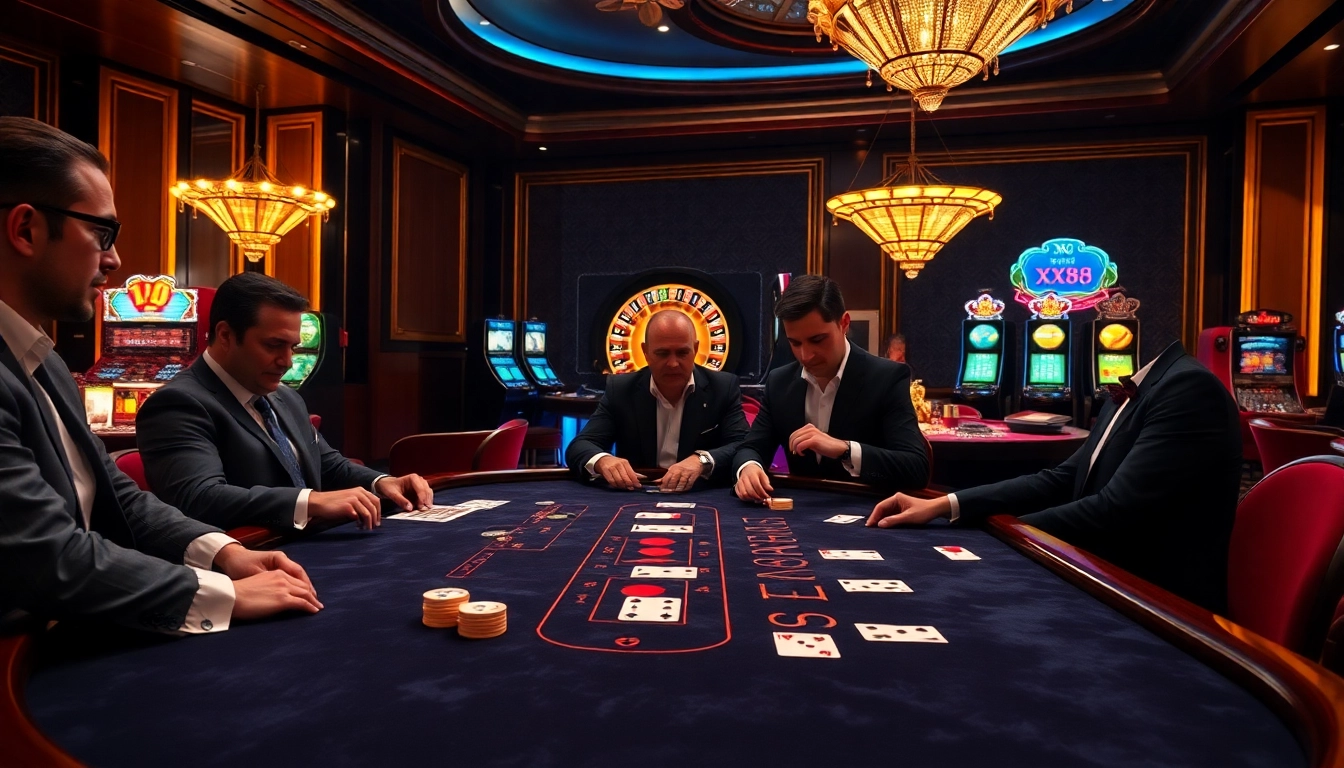 Players betting at an elegant Baccarat table in a luxurious casino environment featuring XX88 elements.