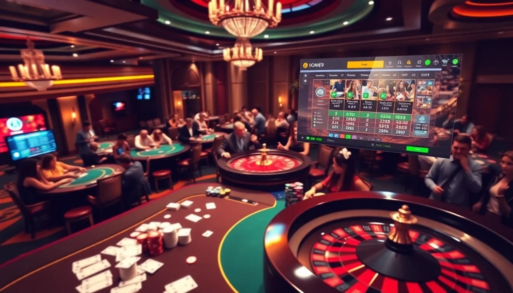 Exciting online gambling scene featuring nhà cái vuabai9 with casino tables and vibrant betting activity.