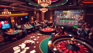 Exciting online gambling scene featuring nhà cái vuabai9 with casino tables and vibrant betting activity.