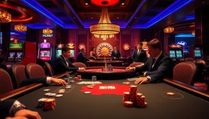 Experience the thrill of 주소모음 at a luxury casino table, with poker players and dazzling slot machines around.