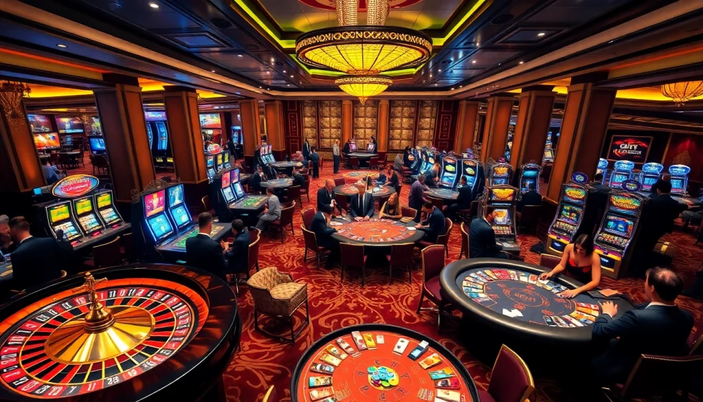 Players enjoying a vibrant casino experience at net88x.net, featuring tables and slot machines.