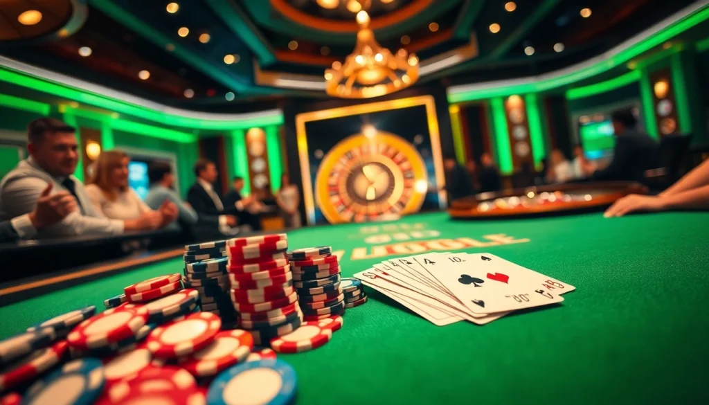 Exciting poker action at https://32win.football/ with vibrant chips and cards in a luxury casino.