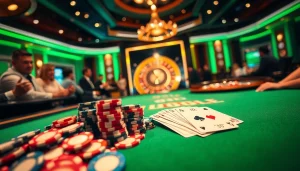 Exciting poker action at https://32win.football/ with vibrant chips and cards in a luxury casino.