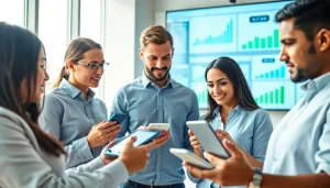 Team utilizing mobile crm software in a modern office to enhance collaboration and data access.