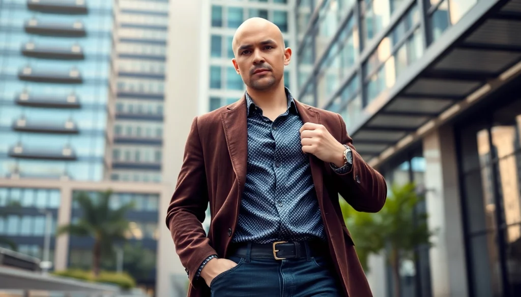 Fashion for bold men: Stylish bald man in tailored blazer and casual shirt exuding confidence.