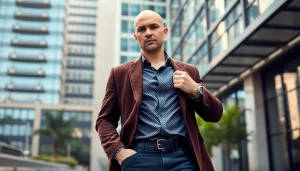 Fashion for bold men: Stylish bald man in tailored blazer and casual shirt exuding confidence.