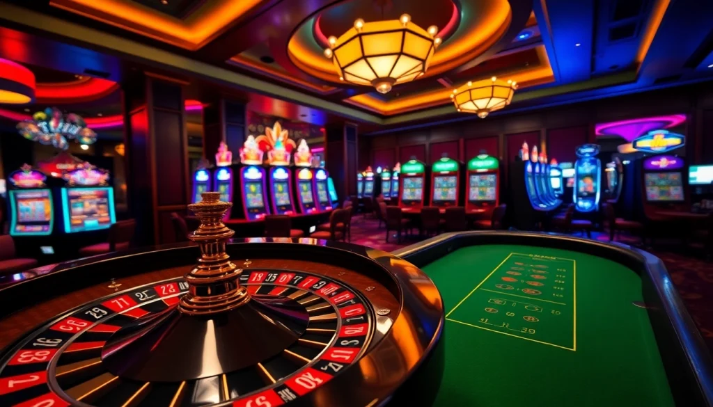 S88VIP gambling scene with roulette wheel, poker table, and vibrant slot machines in a luxurious casino