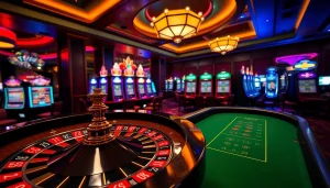 S88VIP gambling scene with roulette wheel, poker table, and vibrant slot machines in a luxurious casino