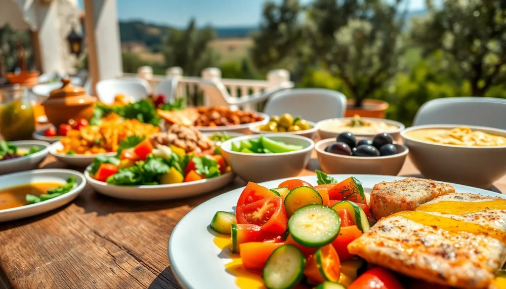 Enjoying a fresh variety of Mediterranean diet dishes served at a sunlit table.