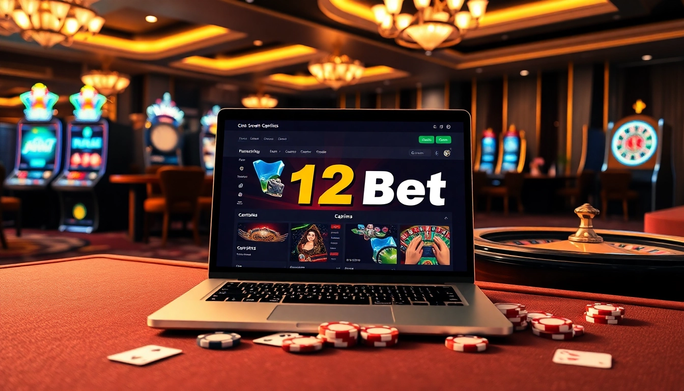 Experience online betting thrills with the 12bet interface at a luxurious casino scene.