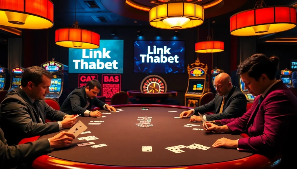 Players at a poker table strategizing with Link THABET prominently featured in a luxurious casino.