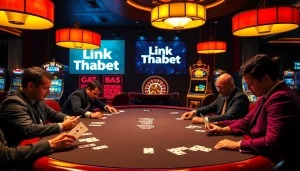 Players at a poker table strategizing with Link THABET prominently featured in a luxurious casino.