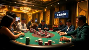 Engage with Đăng Nhập XN88 at a luxurious poker table filled with players and vibrant chips.