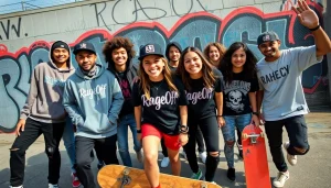 Trendy young adults showcasing RageOff apparel in an urban setting.