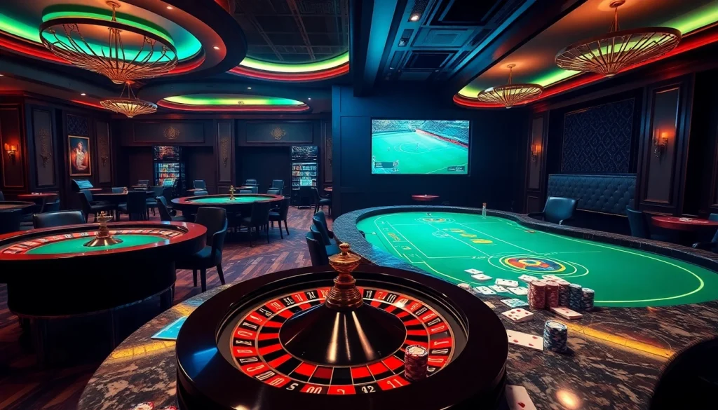 Experience the thrill of trực tiếp bóng đá in a luxurious casino setting with vibrant gaming tables and sports betting visuals.