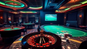Experience the thrill of trực tiếp bóng đá in a luxurious casino setting with vibrant gaming tables and sports betting visuals.