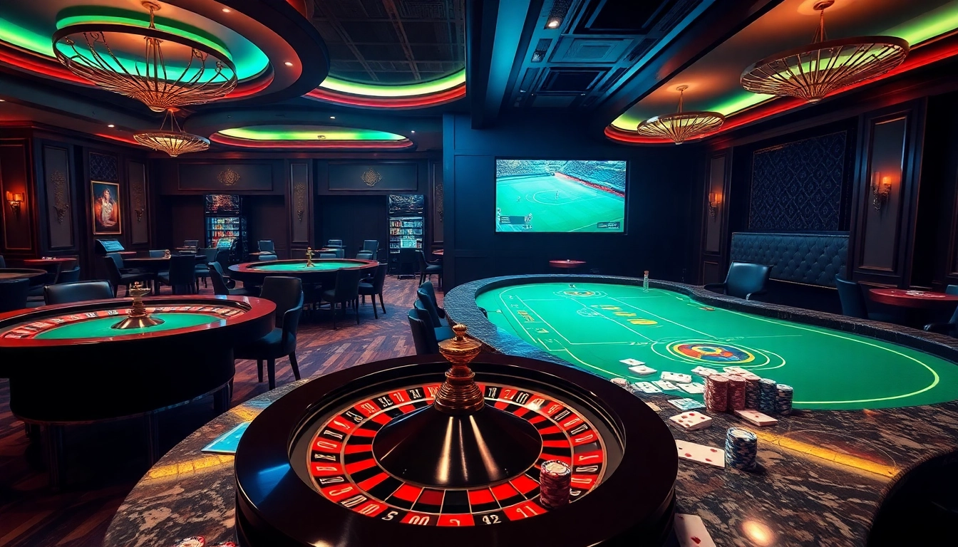 Experience the thrill of trực tiếp bóng đá in a luxurious casino setting with vibrant gaming tables and sports betting visuals.