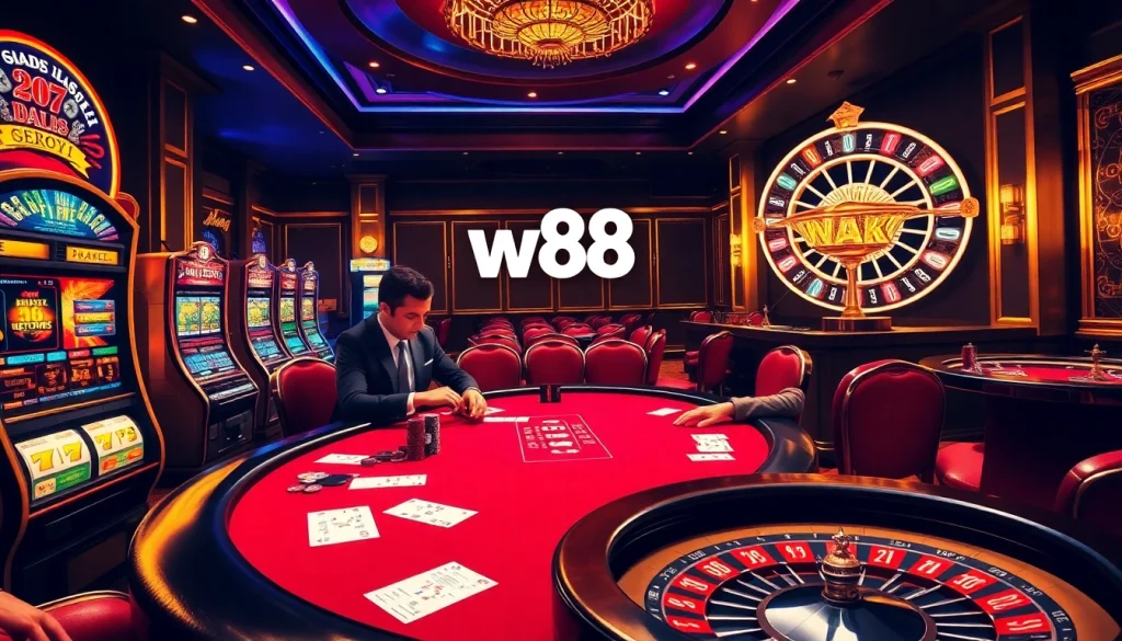 Engage with a thrilling poker match at w88's luxurious casino environment, showcasing intense players and vibrant slot machines.