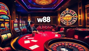 Engage with a thrilling poker match at w88's luxurious casino environment, showcasing intense players and vibrant slot machines.