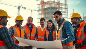 Showcase of construction workforce development with diverse workers collaborating on a building project.