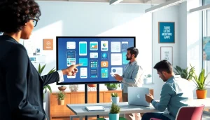 Team collaborating on mobile apps in a modern workspace with vibrant energy.