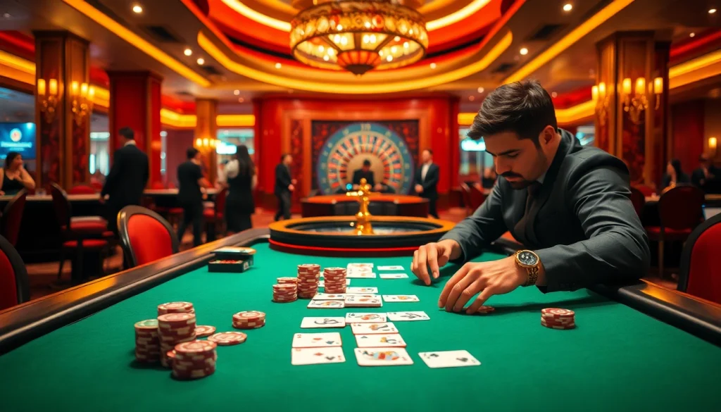 Action-packed scene at nhà cái 33win poker table with strategic players and vibrant chips.