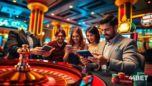 Exciting gaming experience with 54BET Download - vibrant casino scene featuring roulette, slots, and players.