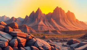 Explore geology through stunning landscapes of diverse rock formations under a vibrant sunset.