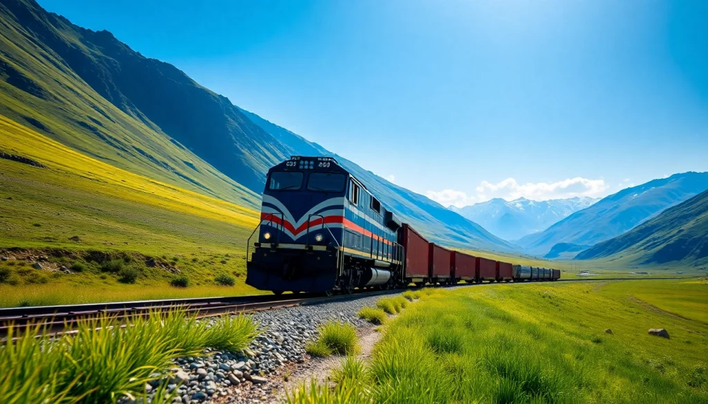 Discover reliable North American rail services with a freight train navigating scenic landscapes.